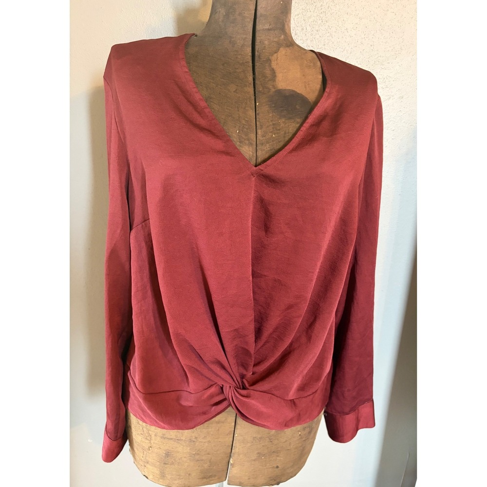 Express‎ Womens Burgundy Twist Front V-Neck Long Sleeve Blouse Top Large 90240